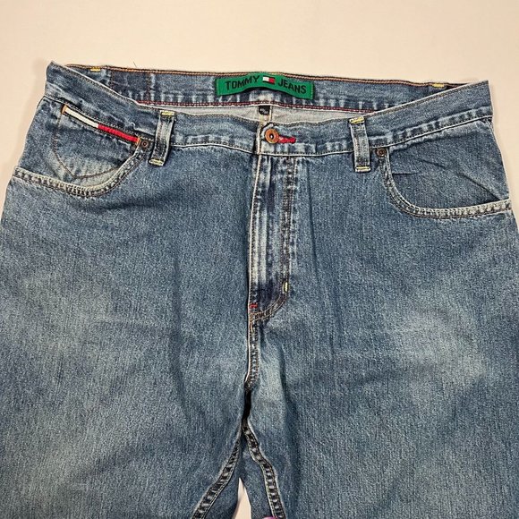 Tommy Jeans 40 x 30 Medium Wash Boot Cut Denim Distressed Hilfiger Straight Leg - Picture 8 of 14